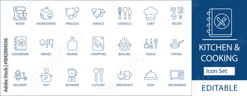 Household kitchen appliances and food delivery service line icons. Blue vector set for culinary education, meal planning apps, and smart home cooking.