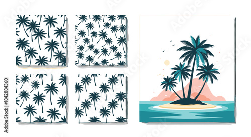 Collection of tropical palm tree seamless patterns and a beautiful island vector illustration for summer-themed design projects.