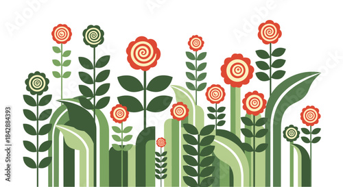 Stylized flower garden illustration with unique red and green spiral flowers growing among lush green leaves and stems.