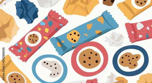 Seamless pattern of various colorful chocolate chip cookie packages and wrappers for a fun and sweet background design.