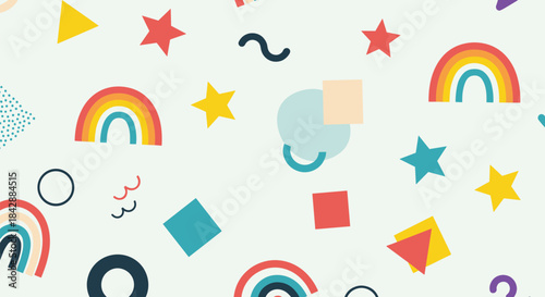Playful and colorful seamless pattern with abstract geometric shapes rainbows stars and squiggles for a fun kids background.