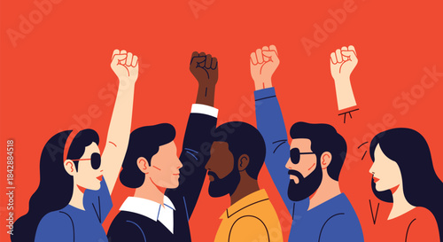 Diverse group of people protesting with fists raised in the air representing solidarity activism and social justice.