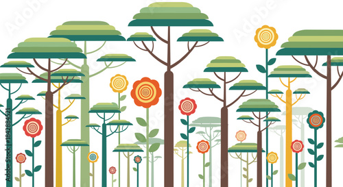 Abstract illustration of a stylized forest with tall trees and colorful flowers in a simple modern flat design style.