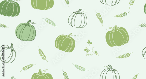 Minimalist seamless autumn pattern with hand-drawn pumpkins and wheat stalks in a gentle green monochrome color scheme.