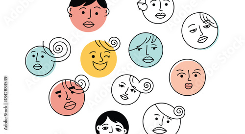 Collection of diverse and expressive doodle faces in a quirky hand-drawn line art style with pops of color.