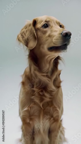 A highly intelligent, well-groomed dog sits attentively on a pristine, minimalist surface in a bright, modern studio with soft, high-key lighting. Its expressive face shifts gaze, a paw lifts,