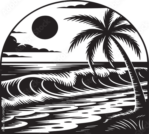 Vintage black and white tropical beach scene illustration
