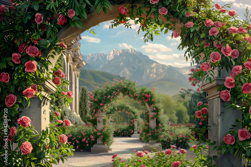 Pink roses climbing stone archways leading to a mountain landscape garden flowers