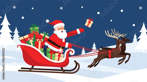 Modern flat illustration of Santa Claus delivering gifts from his sleigh, ideal for Christmas layouts, festive designs, holiday marketing, winter decorations, and seasonal promotions