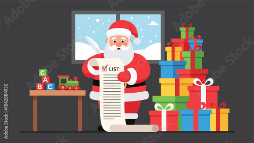 Flat vector illustration of Santa Claus checking his long list inside the workshop, ideal for holiday campaigns, festive branding, children’s products, and seasonal storytelling