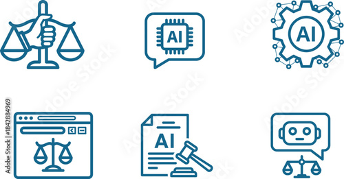 Conceptual blue outline icons illustrating artificial intelligence impact on legal systems