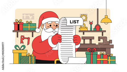 Flat vector illustration of Santa Claus checking his long list inside the workshop, ideal for holiday campaigns, festive branding, children’s products, and seasonal storytelling