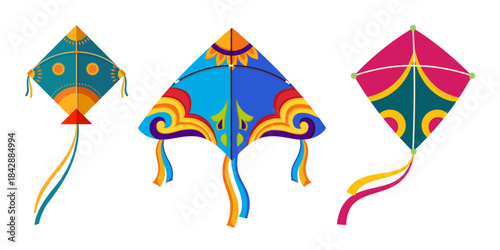 set of designer kites flying vector illustration