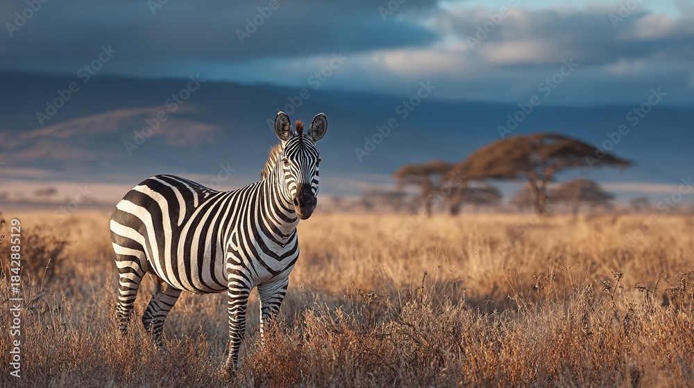 Obraz premium Striking zebra portrait in a vast African savanna, golden light. Serene landscape, natural beauty, wildlife elegance. Majestic nature photography.