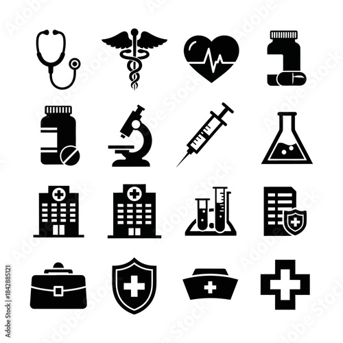 Collection of medical and healthcare icons representing various aspects of health, science, and medicine