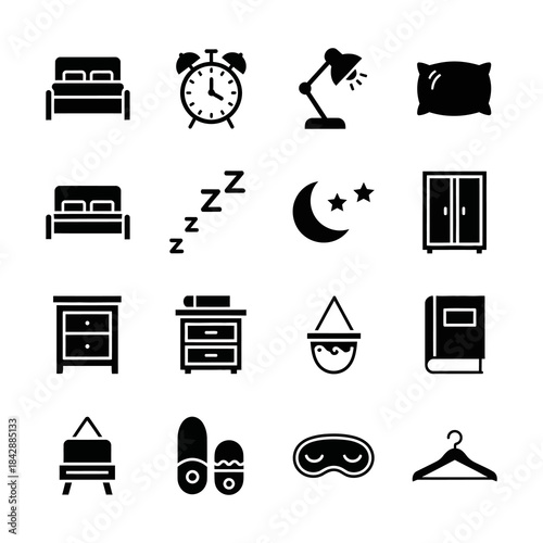 A collection of bedroom icons including furniture, alarm clock, lamp, pillow, and nightstand, perfect for lifestyle and home design
