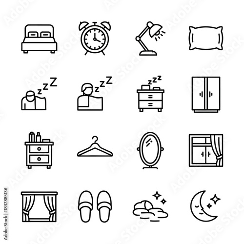 A collection of simple black and white line icons representing bedroom and home items, sleep, and morning routines