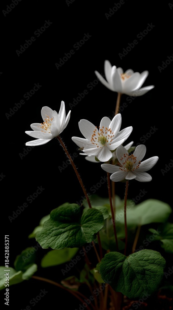 Obraz premium White flowers grow from green leaves in a dark background in this close-up view of nature's details showing their structure and beauty