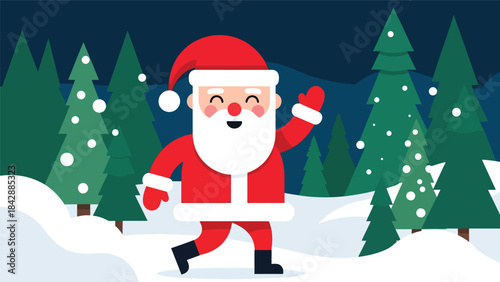 Flat vector illustration of Santa waving cheerfully in snowy weather, ideal for holiday ads, posters, greeting cards, packaging, and cheerful Christmas-themed visuals