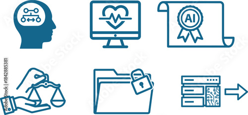 Modern blue line art icons representing artificial intelligence concepts data security legal justice