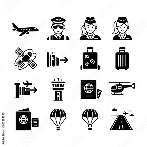 Dynamic collection of silhouette icons representing the thrilling world of air travel, from airport logistics to diverse global journeys and aviation careers