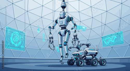 Futuristic laboratory where a humanoid robot interacts with a rover vehicle displaying digital