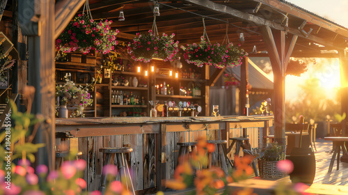 Rustic outdoor bar with hanging flower baskets and sunset light wood wooden