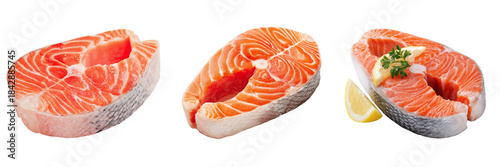 Set of Close-up shot of a raw salmon steak with vibrant orange color and visible marbling transparent png background. Ai generated