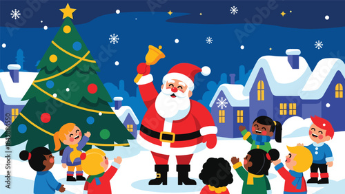 Flat vector illustration of Santa ringing a bell to greet children, ideal for festive advertising, event posters, holiday signage, and cheerful Christmas visuals