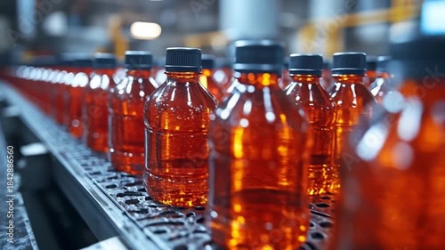 Bottles on a Production Line: Capturing the image of efficiency and industry, rows of bottles filled with a vibrant.