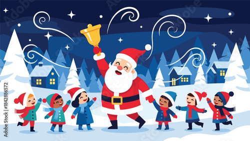 Flat vector illustration of Santa ringing a bell to greet children, ideal for festive advertising, event posters, holiday signage, and cheerful Christmas visuals