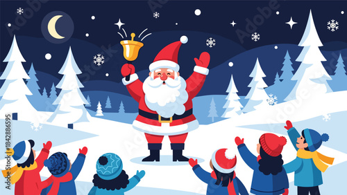 Flat vector illustration of Santa ringing a bell to greet children, ideal for festive advertising, event posters, holiday signage, and cheerful Christmas visuals