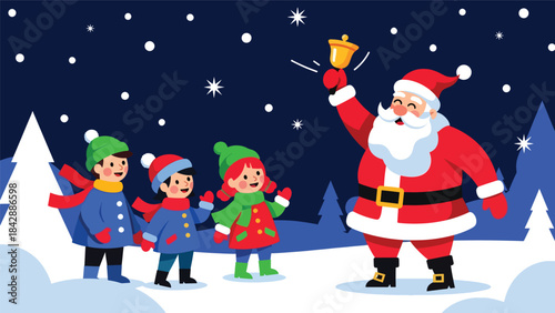 Flat vector illustration of Santa ringing a bell to greet children, ideal for festive advertising, event posters, holiday signage, and cheerful Christmas visuals