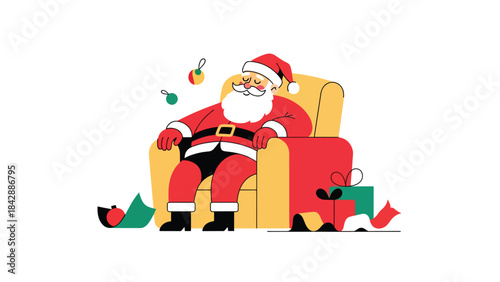 Flat vector illustration of Santa relaxing in an armchair after Christmas Eve, ideal for warm seasonal graphics, greeting cards, cozy holiday promotions, and festive storytelling