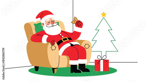 Flat vector illustration of Santa relaxing in an armchair after Christmas Eve, ideal for warm seasonal graphics, greeting cards, cozy holiday promotions, and festive storytelling