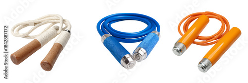 Set of Long adjustable jumping rope laid flat with ergonomic handles displayed clearly transparent png background. Ai generated