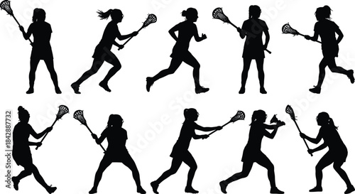 Silhouettes of female lacrosse players in dynamic action poses with sticks, showcasing athletic movement, teamwork, and competitive sports energy.