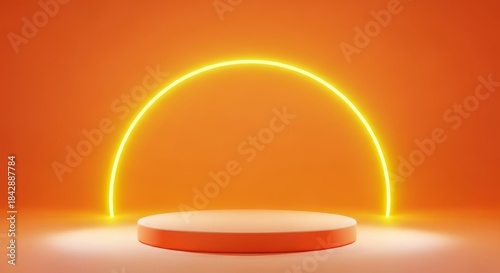 Empty stage with round podium and bright neon arch on orange background for product presentation