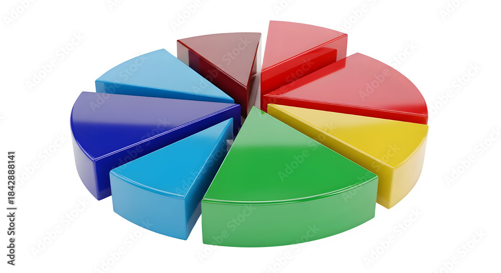 Fototapeta premium Colorful 3d pie chart segments showing data distribution and proportions isolated on transparent background