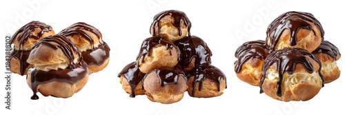 Set of Profiteroles arranged in a neat stack, topped with glossy chocolate sauce and filled with cream transparent png background. Ai generated