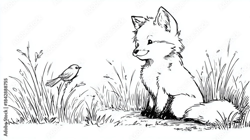 Obraz premium A charming monochrome illustration featuring a young fox gazing curiously at a small bird perched on tall grass, set against a simple, grassy backdrop.