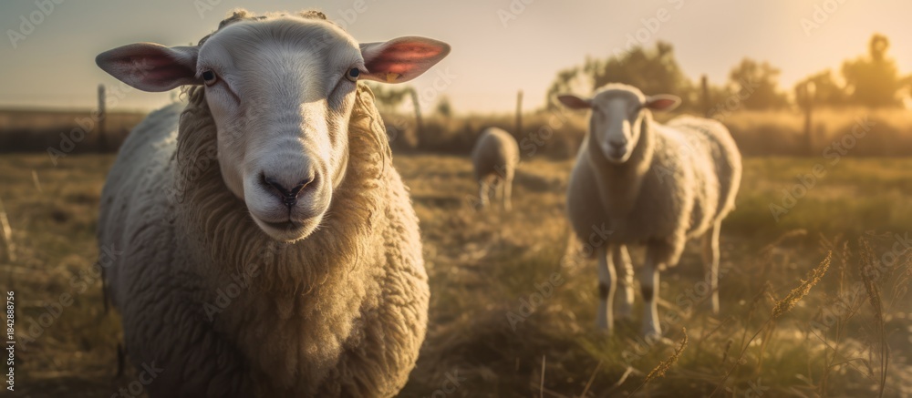 Obraz premium Close-Up Sheep Portrait in Golden Sunset Light