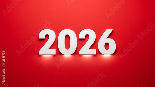 3d white number 2026 glowing on red background for new year concept