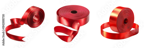 Set of Smooth double face red ribbon folded into gentle loops transparent png background. Ai generated