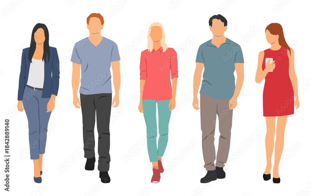Obraz premium Business people walk. Young men and women, front view, different colors, cartoon character, group of people silhouettes, students, flat icon design concept, isolated on white background