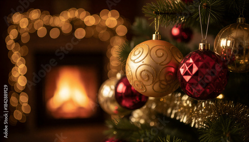 A warm, cozy Christmas scene featuring close-up ornaments on a decorated tree, with soft golden lights and a glowing fireplace in the background.
