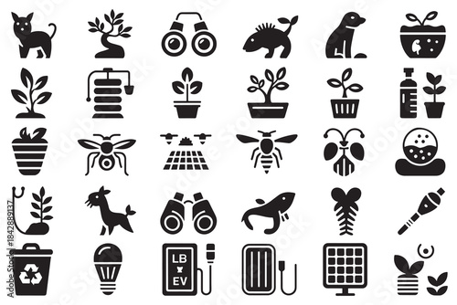 Eco gardening plants insects and wildlife icon set vector. clean silhouette icons covering organic farming, eco gardening tools, plants, compost, greenhouse, and sustainable agriculture elements