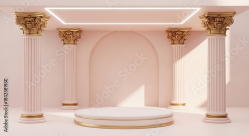 Classic architectural setting with elegant columns, arched niche, and round podium for product display