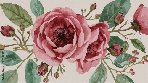 Pink roses with buds and green leaves, watercolor style illustration.