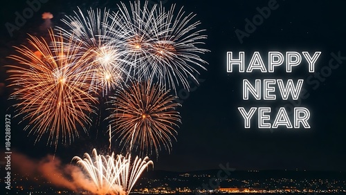 Spectacular fireworks display celebrating happy new year over city skyline at night